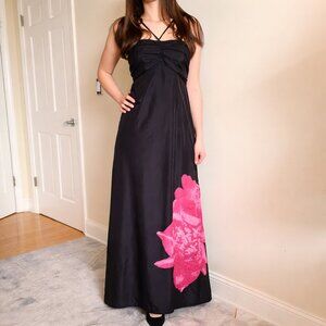 Black Maxi 100% Silk Dress Pink Floral Halter Empire Y2K Formal S Express
